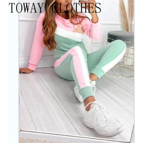 Round Neck Colorblock Long Sleeve Top & Pants Set Casual Sporty Autumn Spring 2PC Set For Women 2021