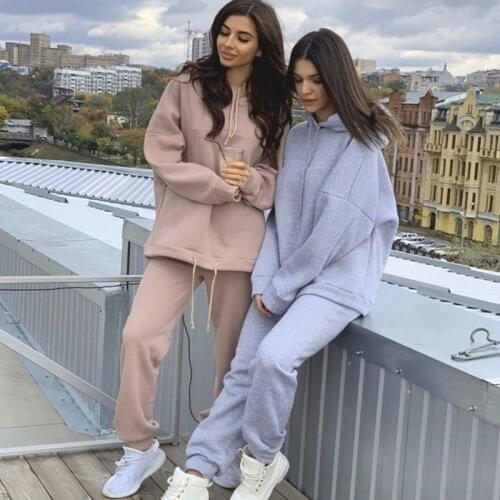 Jogging Femme 2 Piece Set Casual Fleece Warm Tracksuit Women Winter Oversized Womens Sets Long Sleeve Hoodie Sport Pants Suit
