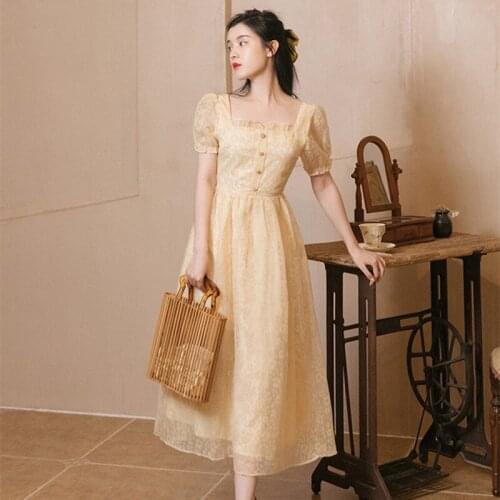 French Retro Dress Summer Women Gentle Square Neck Ruffle Puff Sleeve Crochet Hollow Sweet Elegant Fairy Dresses