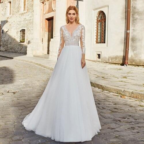 Long Sleeves A Line Wedding Dress 2021 Lace Bride Gown O Neck Backless Bridal Dresses Princess Vestido De Novia Floor Length