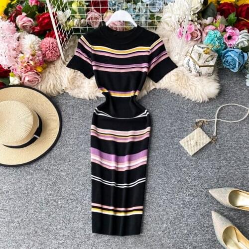 Korean Summer Package Hip Striped Knitted Dress Womens Sexy Bodycon Short Sleeve Elasticity Sweater Contrast Knee-Length Dress