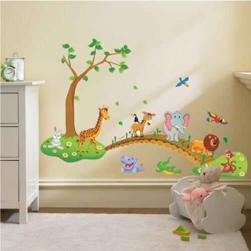 3D Wallpapers Cartoon Jungle wild animals crossing bridge lion Giraffe elephant wall stickers for kids room nursery home decor