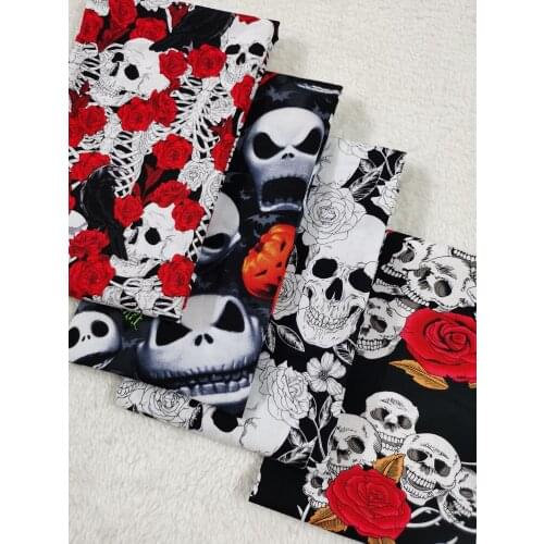 4pcs 30 X 25cm Rose skeleton Skull Cotton Fabric flora Ghost Halloween sewing Clothing Tissue Telas Textile Patchwork Bundle DIY