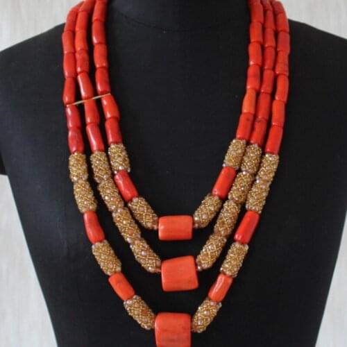 4UJewelry 12-24mm Big Coral Beads In the Middle 3 Layers Nigerian Jewellery Set For Women African Necklace Earring set Vintage