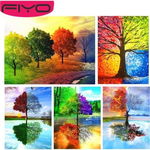 FIYO 5D Mosaic Diamond Embroidery Cross Stitch Tree Lake Reflection Diamond Painting Square/Round Sky Landscape Hanging Pictures