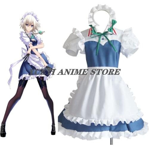Anime Touhou Project Izayoi Sakuya Cosplay Costume Blue Dress Uniform Halloween Party