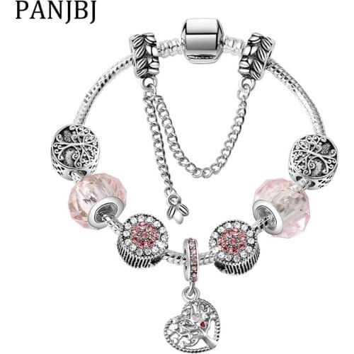 Silver Plated Bead Alloy Bracelet Tree of Life Pink Crystal Snake Chain Basic Charm Bracelet For Fashion Women DIY Jewelry Gift