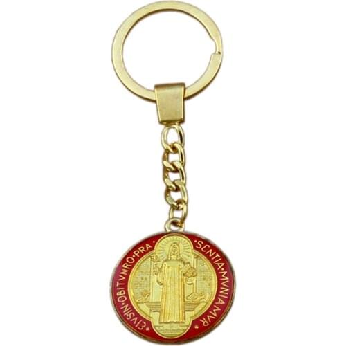 1pcs Keychain Red Enamel Round Saint Benedict Medal Pendant Cross Christian Key Ring Travel Protection A-243f