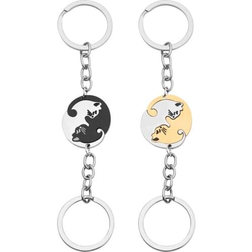 Cute Black-White Cat Couple Keychain Animal Key Chain Bell Car Bag Pendant Key Ring Pendant Valentines-Day-Gift