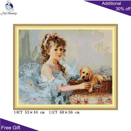 Joy Sunday Girl And Dog RA311 14CT 11CT Counted and Stamped Home Decoration Angel Girl Embroidery DIY Cross Stitch kits