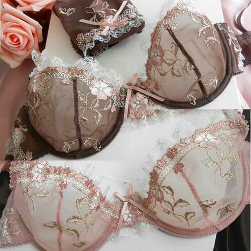 Free Shipping Exquisite Embroidery Lotus Pink Ultra-Thin Womens Sexy Transparent Lace Underwear Bra Sets