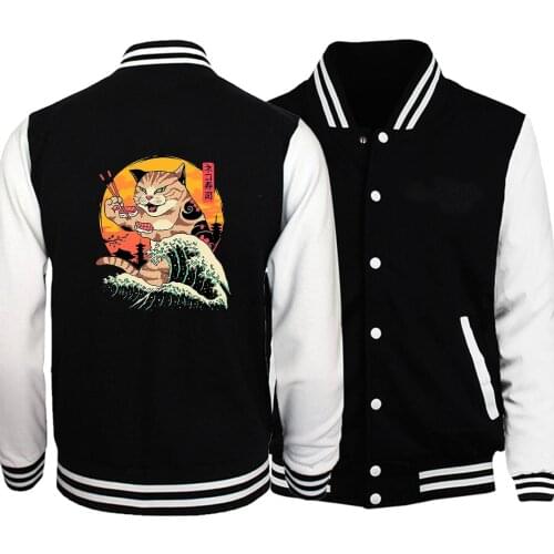 Ukiyoe Style Big Kawaii Cat Prints Men Jackets Fleece Pocket Bomber Thick Comfortable Baseball Coats Large Size Brand Male Coat