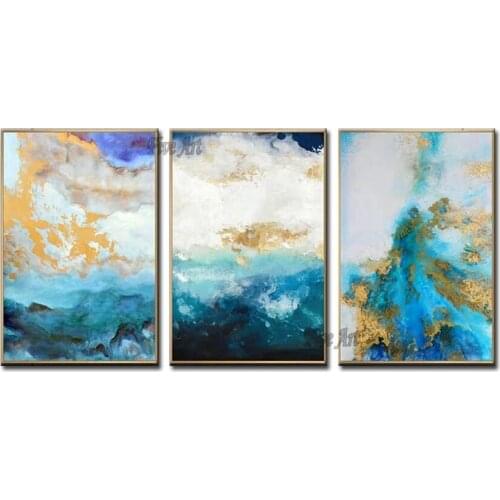 Latest Blue Design Abstract 3 Panels Canvas Wall Art Unframed Handmade Texture Oil Painting Cheap Hot Selling Canvas Artwork