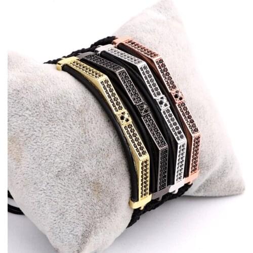 New Fashion Black CZ Pave Pyramid Bar Shaped Braided Cord Macrame Bracelet Men Jewelry Bangle
