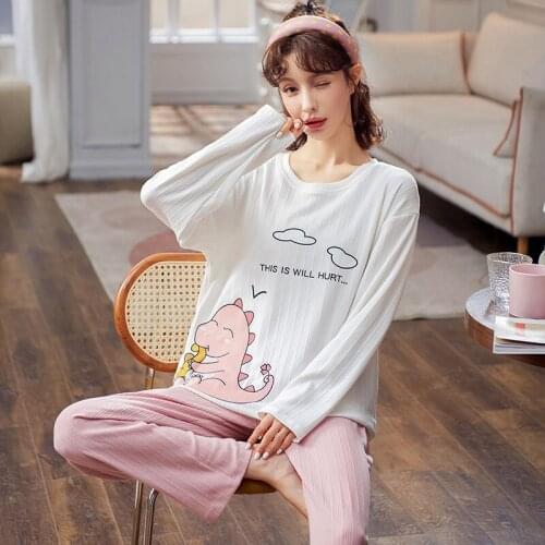 Autumn Winter Long Sleeve Warm Women 2 Piece Pajamas Set White O-neck Cotton Homewear Cute Pink Little Dinosaur Women Sleepwear