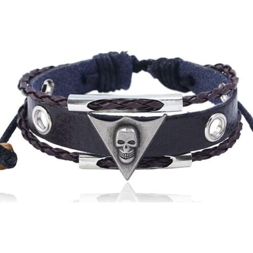 Punk Gothic Rock Men Jewelry Bracelet Cuff Alloy Skull Charm Vintage Weave Rope Leather Bangle Wrap Women Fashion Wristband Gift