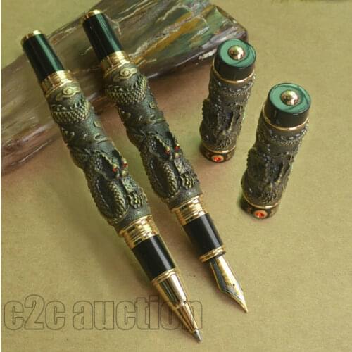 2 PCS JINHAO TWO DRAGON PLAY PEARL BRASS 0.7mm BROAD NIB FOUNTAIN PEN + ROLLER BALL PEN SET