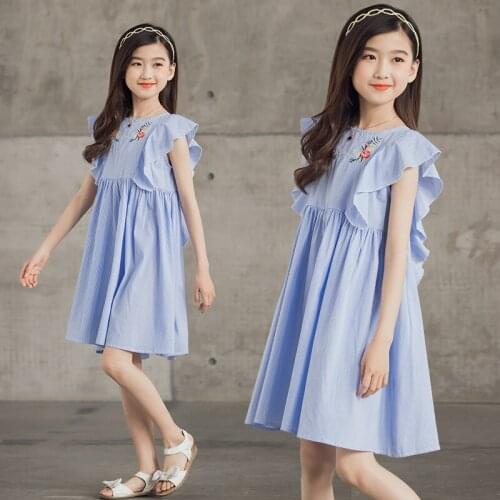 Girls' Dress 2021 Summer New Korean Stripe Embroidery Flying Sleeve Temperament Big Childrens Short Dress