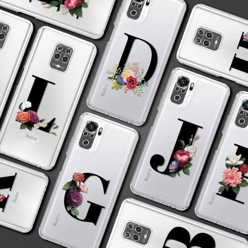 Letter A L Flowers Transparent Cover for Redmi Note 9S 9 8 10 5G K30 Pro 7 9C 8T 9A 7A 8A 6A K40 9T Clear Phone Case Shell