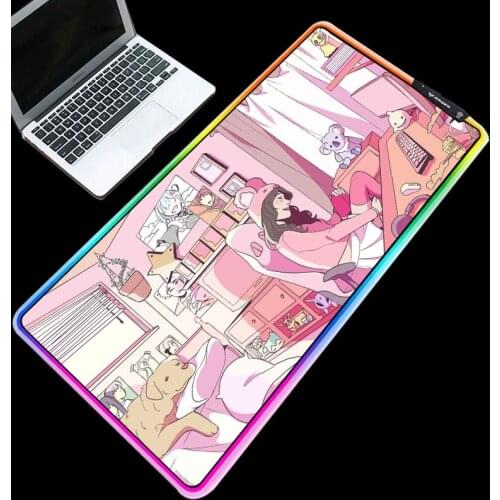 Pink Anime Mouse Pad RGB Glowing Durable Waterproof Natural Rubber Base 7 Colors Gaming Desk Pad Gaming Accessories for Girls