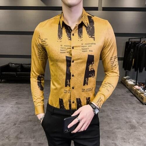 Fashion Mens Letter Print Long Sleeve Shirt 2021 Autumn New Hawaiian Slim Fit Social Shirts Casual Nightclub Shirts Men Koszule