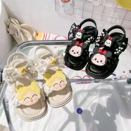 Disney cartoon Minnie children non-slip soft-soled sandals student comfortable beach shoes girls fashion pearl flat sandals