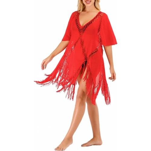 Sexy Beach Cover Up Bikini Women Swimsuit Crochet Fringe Hem Cover Up Bathing Suit Female Swimwear Beach Dress Tunic Robe