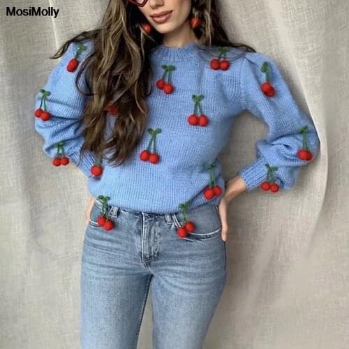 MosiMolly Pretty Cherry Sweater pullovers jumper women o neck knitted sweater 2020 autumn winter knits loungewear Mohair Sweater