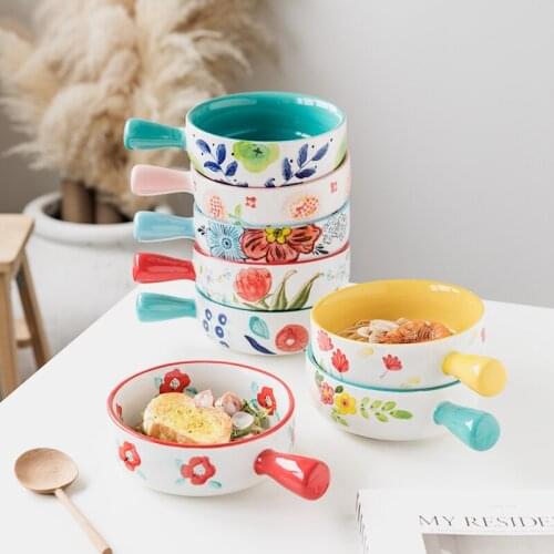 Creative Design Salad Plate Single Person Breakfast Bowl 600ml Ceramic Dessert Bowl with Handle