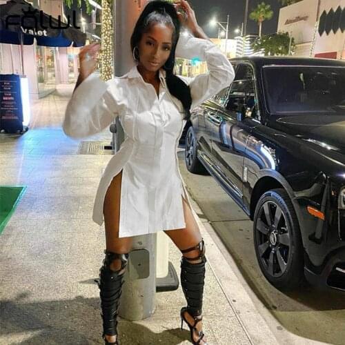 FQLWL Streetwear White Shirt Short Dress Women Oversized Black Mini Dress Female Fall 2020 Long Sleeve Ladies Split Shirt Dress
