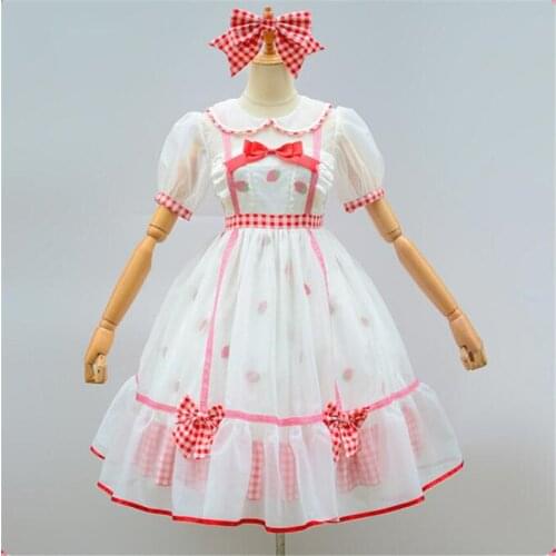 Japanese Kawaii Lolita Cosplay Dress Cute Strawberry Short Sleeve JSK Dress Ruffles Bow Princess Dress B1842