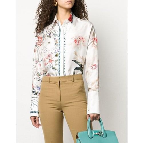 Quality 11.19 High End Autumn Fashion Temperament Floral Print Silk Shirt Blouse Women