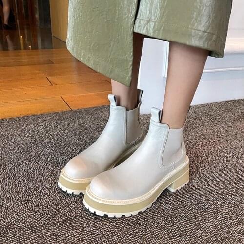 Cow Leather Women Shoe Platform Concise Style Woman Boots Elastic Band Chelsea Ankle Boots Handsome Chunky White Shoes botas
