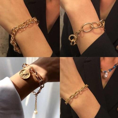 Flatfoosie Gold Color Link Hand Bracelet For Women Circle Chain Cuff Metal Bracelets Bangle Female Friendship Minimalist Jewelry