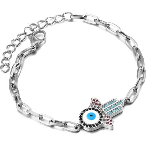 Design Colorful Zircon Evil Eye Bracelet Copper CZ Bracelets Hip Hop Chain Stainless Steel Bracelet Women Adjustable Girl Gifts