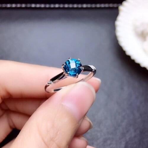 Fashion elegance round Natural London blue topaz Ring S925 Silver Natural Gemstone Ring girl Womens party party fine Jewelry