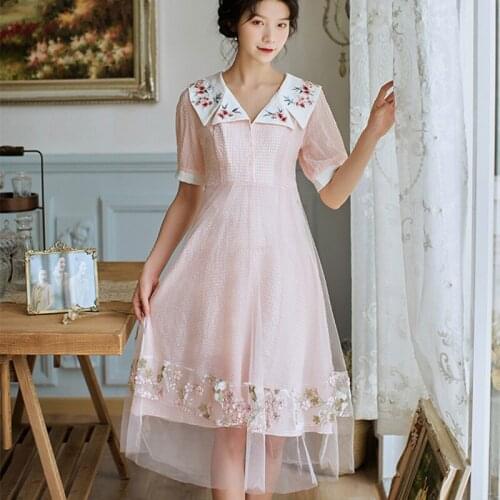 Femme Kawaii Party Summer Sweet Dress French Doll Collar Cute Mesh Embroidery Elegant Pink Lovely Dress Vestidos