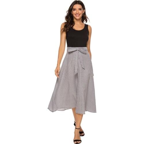 Sleeveless Stripe patchwork Bow basic Vest Dress For Women 2019 Spring Tulle Elastic Cotton + chiffon Vest Summer Dress Female