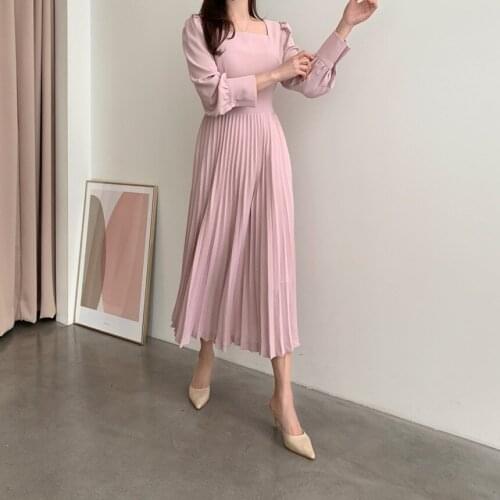 2021 New Autumn Korea Chic Pleated Dress Womens Long Sleeve Casual Solid Temperament Lady Vestido Da Festa
