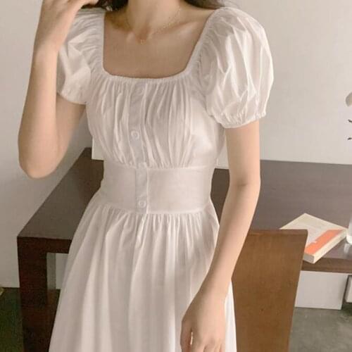 Square Collar White Summer Party Dress Women Puff Sleeve Vintage Elegant Long Midi Dress High Waist Cotton Party Dress Z659