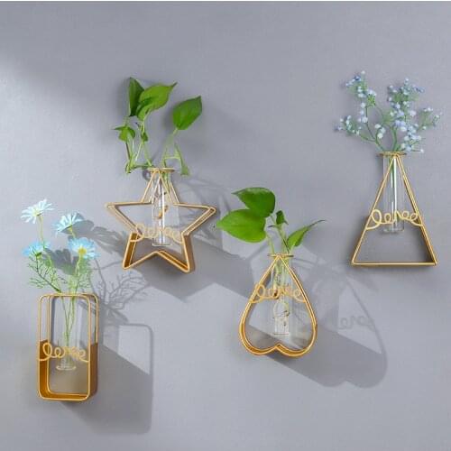 Golden Iron Glass Vase Love Star Flower Home Decorative Shelves Wall Hanging Geometry Home Decor