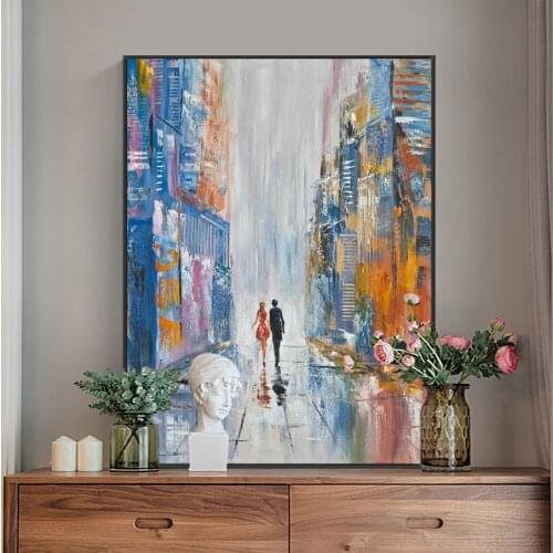 100% Hand Painted Oil Painting On Canvas Blue With Orange Building Painting Modern Figure Wall Art For Living Room Decoration