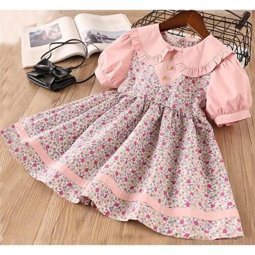 2021 Baby Girls Summer Princess Dress Toddler Baby Kids Girls Peter Pan Collar Floral Flowers Princess Dress Clothes 2-7 Years
