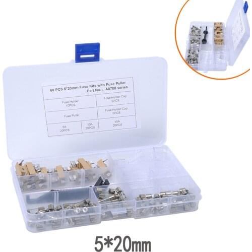 60Pcs Universal 5A 10A 15A M5*20mm Car Glass Tube Fuse with Panel Mount PCB Fuse Holder Kits