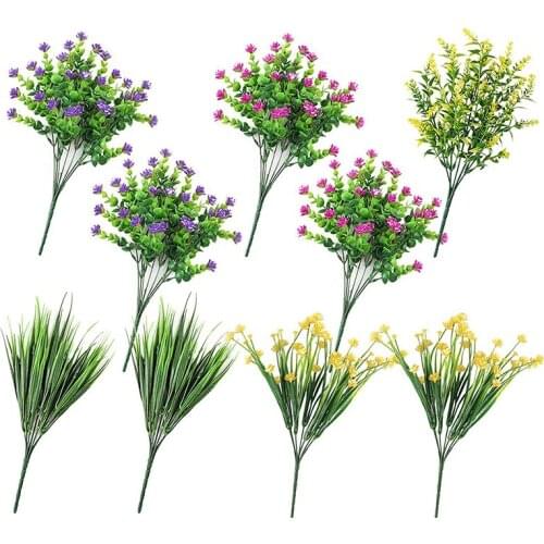 9 Pcs Artificial Flowers for Outdoor UV Resistant Plants, Plastic Eucalyptus Bushes Wheat Grass for Outdoor Courtyard-ABUX
