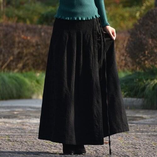 Free Shipping 2019 New Fashion Chinese Style Long Maxi A-line Adjusted Waist Women Autumn And Spring Cotton Thick Flowers Skirts