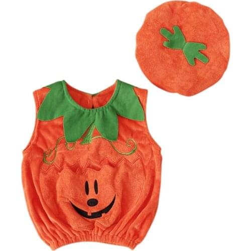 Bobora Boys And Girls Halloween Sleeveless Pumpkin Shaped Pocket Jacket + Hat Two Piece Set Spring And Autumn