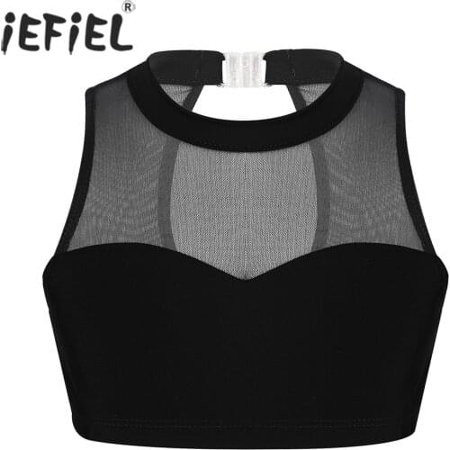 Kids Girls Dance Ballerina Stretch Mesh Splice Sweetheart Chest Tanks Bra Tops Crop Top Gymnastics Leotard Ballet Dance Tops