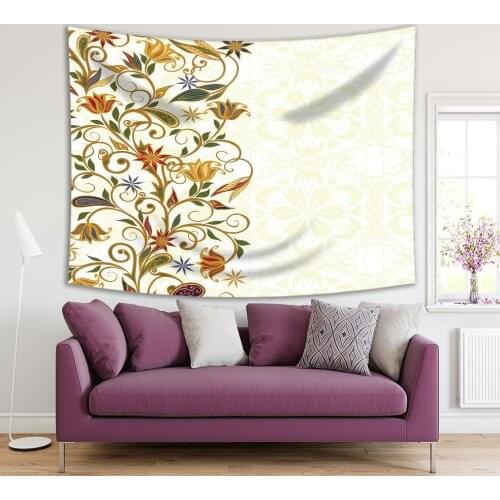 Tapestry Leaves and Flowers Paisley Pattern in Oriental Style Traditional Vintage Floral Art Green Yellow Red