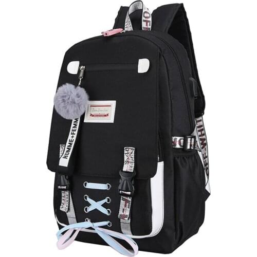 Pink Canvas Backpack Women School Bags for Teenage Girls Preppy Style Large Capacity USB Back Pack Rucksack Youth Bagpack 2021